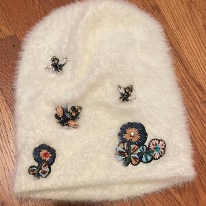Anthropologie Cream Beanie with Floral Embellishments